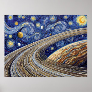 Póster Anillos del planeta Saturno Paisaje nocturno estre