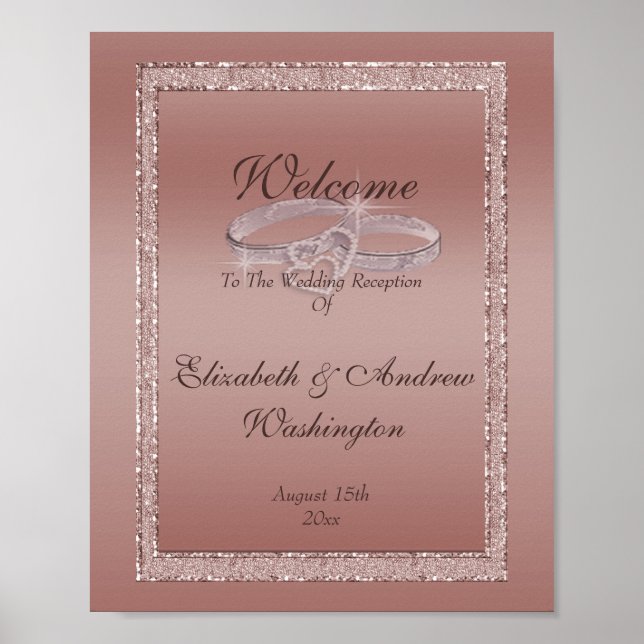 Póster Anillos Rosa Purpurina de oro y Boda plateado (Frente)
