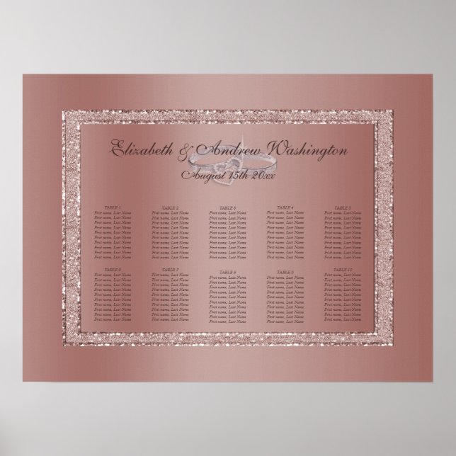 Póster Anillos Rosa Purpurina de oro y Boda plateado (Frente)