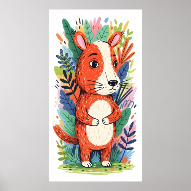 Póster animal caprichoso rodeado de vegetación exuberante (Frente)