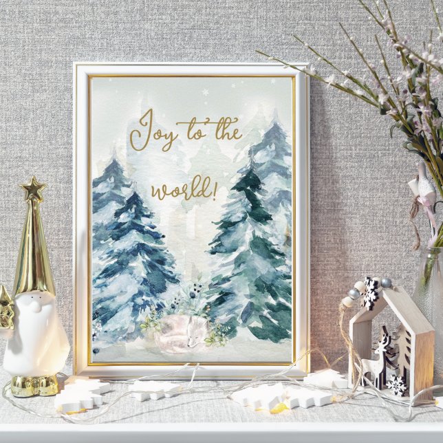Póster Animal de Woodland Woodland Winter (Winter Wonderland "Joy to the world" Woodland animal surrounded by Christmas Trees.)