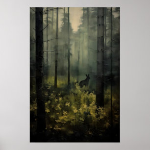 Póster Animal en paisaje forestal vintage pintura