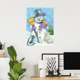 Póster Animales Adorables Construyendo un Muñeco de Nieve