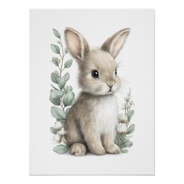Póster Animales Bebés Adorables con Flores en Acuarela (Anverso)