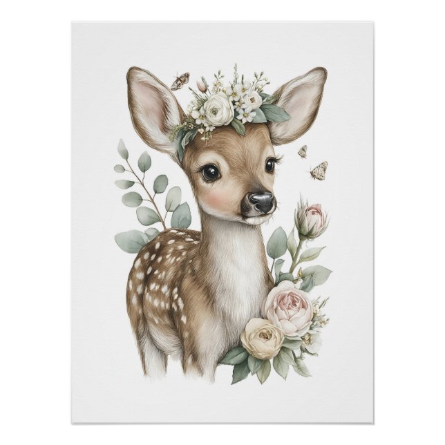 Póster Animales Bebés Adorables en Acuarela con Flores (Anverso)