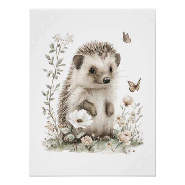 Póster Animales Bebés Adorables en Acuarela con Flores (Anverso)