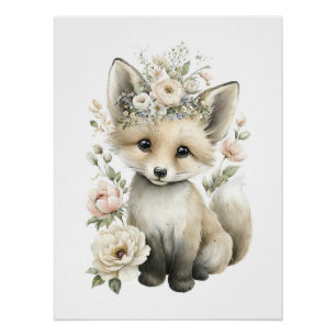 Póster Animales Bebés Adorables en Acuarela con Flores