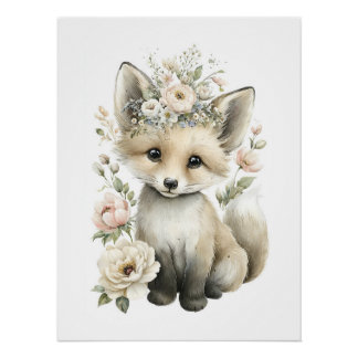 Póster Animales Bebés Adorables en Acuarela con Flores
