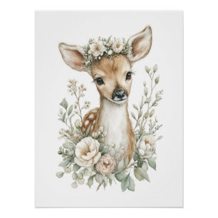 Póster Animales Bebés Adorables en Acuarela con Flores