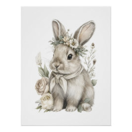 Póster Animales Bebés Lindos con Flores en Acuarela