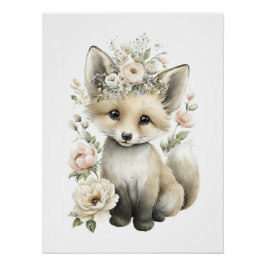 Póster Animales Bebés Lindos con Flores en Acuarela