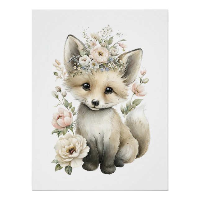 Póster Animales Bebés Lindos con Flores en Acuarela (Anverso)
