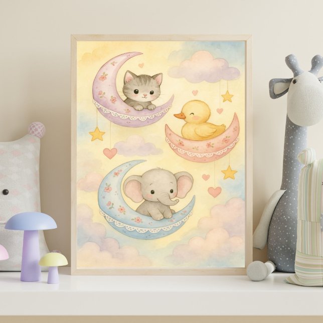 Póster Animales Bebés Luna Creciente Habitación de Niña (Crescent Moon Baby Animals Pastel Colors Nursery Wall Art. Pink, Blue, Yellow and Purple)
