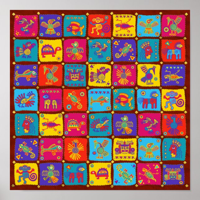 Póster Animales coloridos aztecos mexicanos 1 (Frente)