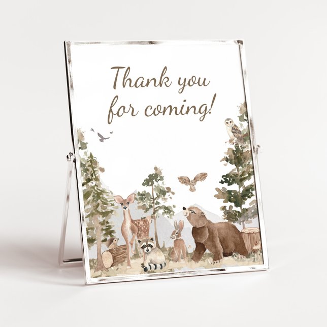 Póster Animales de Adventure Woodland Gracias por venir (Woodland Animals Adventure Awaits Baby Shower Thank you for Coming Sign)