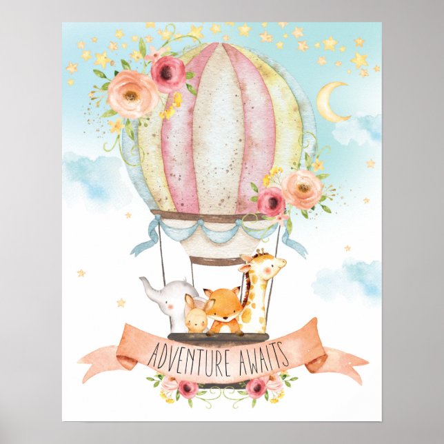 Póster Animales de Aventura en Globo Aerostático Floral (Frente)
