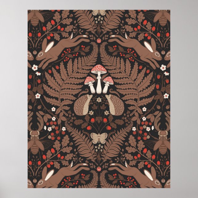Póster Animales de bosque y plantas en rojo y marrón (Frente)