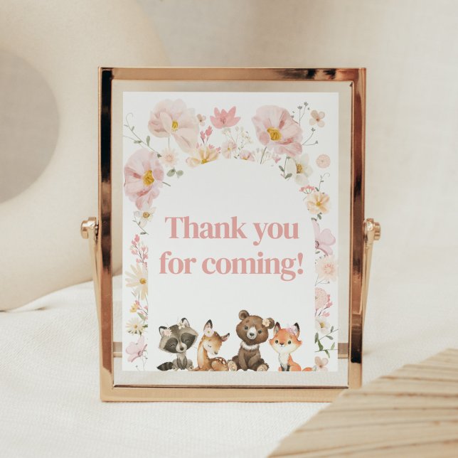 Póster Animales de bosques de flores rosadas gracias por  (Pink Flower Woodland Animals Baby Shower Thank you for Coming Sign)