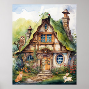 Póster Animales de Cabaña de Fantasía Acuarela Caprichosa