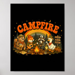 Póster Animales de camping fogata campista aventura al ai