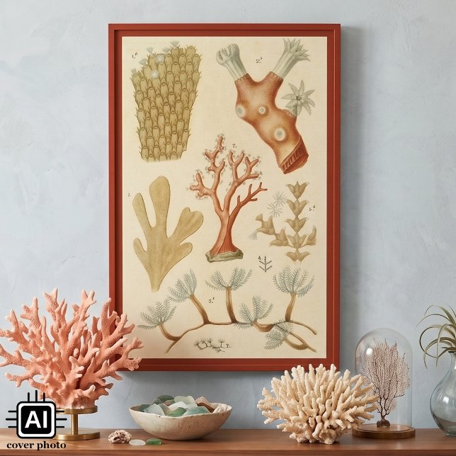 Póster Animales de coral vintage, libro de texto de biolo (Vintage illustration marine life design featuring a variety of corals by Jean Gabriel Pretre, 1849.)