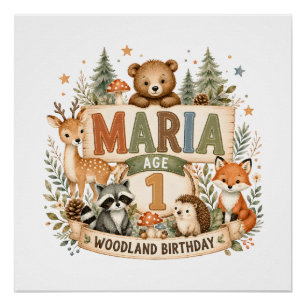 Póster Animales de Cumpleaños Personalizados Bosque Nombr