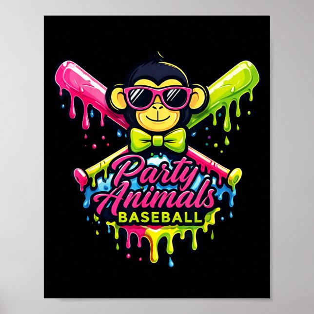 Póster Animales de fiesta béisbol mono divertido  (Frente)