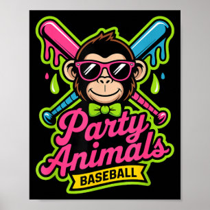 Póster Animales de fiesta béisbol mono divertido baba vib