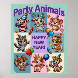 Póster Animales de fiesta "Feliz Año Nuevo"