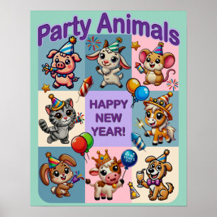Póster Animales de fiesta "Feliz Año Nuevo"