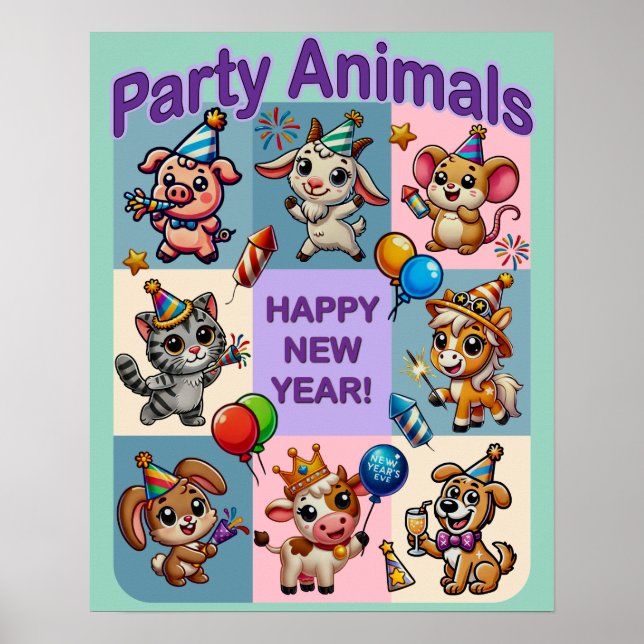 Póster Animales de fiesta "Feliz Año Nuevo" (Frente)