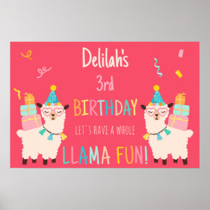 Póster Animales de Fiesta Llama Cumpleaños Chicas Rosa