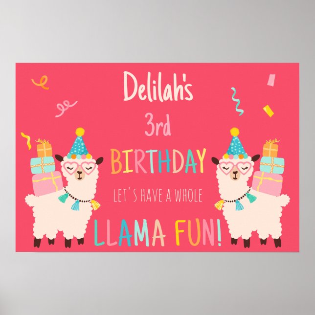 Póster Animales de Fiesta Llama Cumpleaños Chicas Rosa (Frente)
