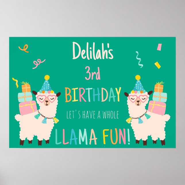 Póster Animales de Fiesta Llama Cumpleaños Chicas Verde (Frente)