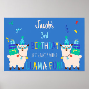 Póster Animales de Fiesta Llama Cumpleaños Niños Azul