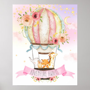 Póster Animales de Globo Aerostático Floral Aventura Espe