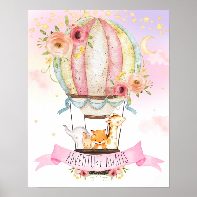 Póster Animales de Globo Aerostático Floral Aventura Espe (Frente)