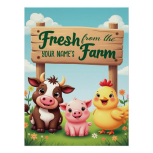 Póster Animales De Granja Cuta Bajo Rótulo De Granja