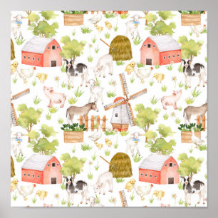 Póster Animales de granja de vivero de acuarela