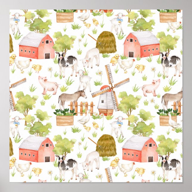 Póster Animales de granja de vivero de acuarela (Frente)