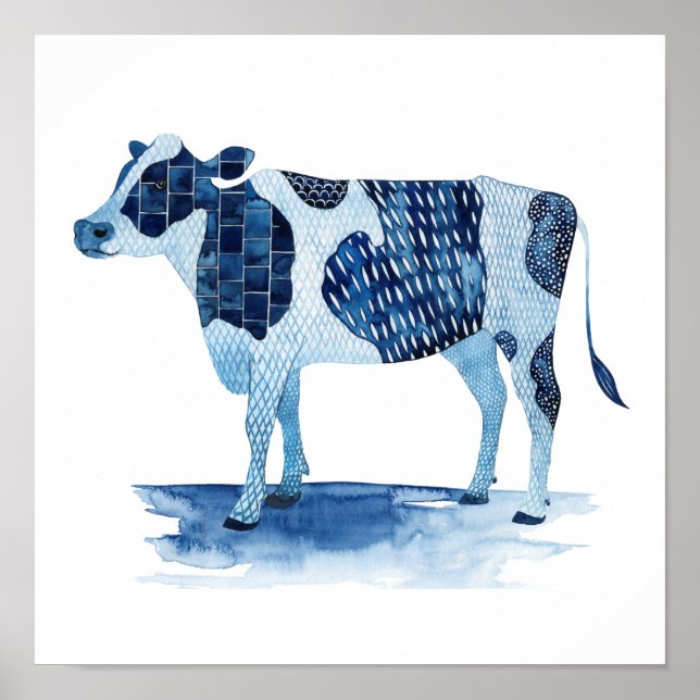 Póster Animales de la granja azul cobalto - vaca (Frente)