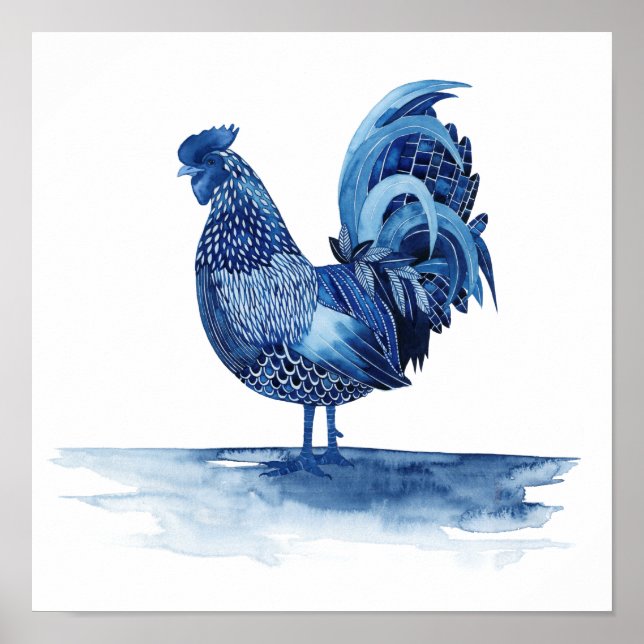 Póster Animales de la Granja Azul de Cobalto - Rooster (Frente)