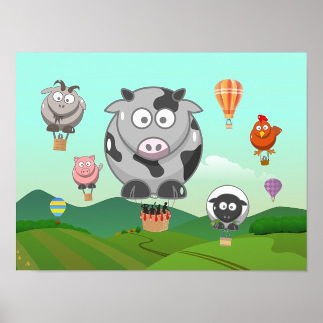 Póster Animales de la granja de globos aerostáticos (Frente)
