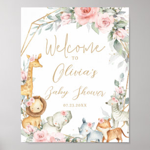 Póster Animales de la selva floral rosa bienvenida a baby
