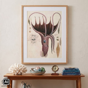 Póster Animales de la vida marina vintage, calamar de par