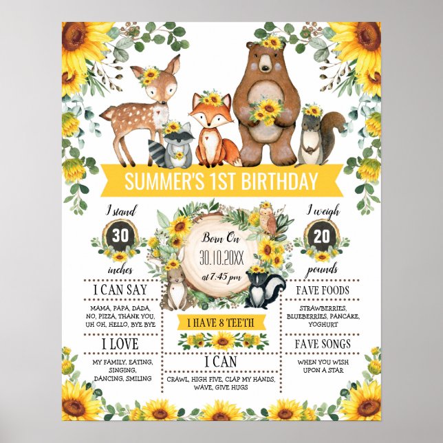 Póster Animales de los bosques de girasol Primer hito de  (Frente)