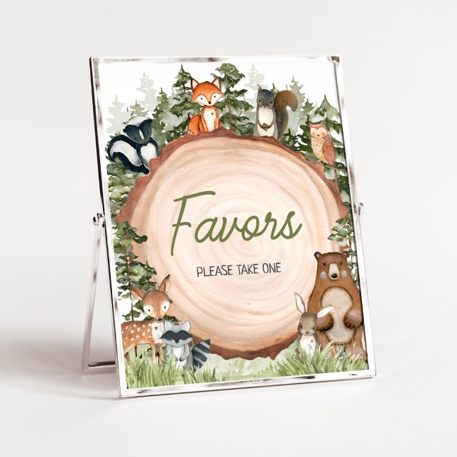 Póster Animales de madera favorecen a la madera (Boy Woodland Animals Baby Shower Favors Sign)