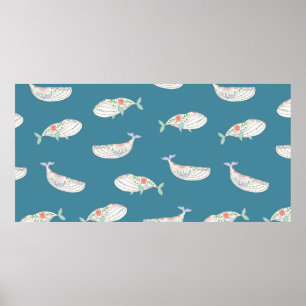 Póster animales de mar de ballena folclórica de skandinav