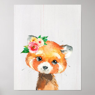 Póster Animales de Panda Rojo Bebé Floral Acuarela