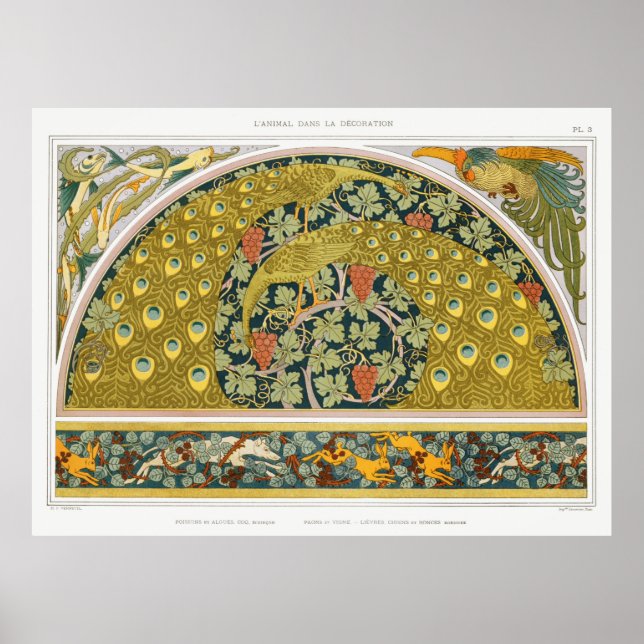 Póster Animales de pavo real Art Nouveau grapevine verneu (Frente)